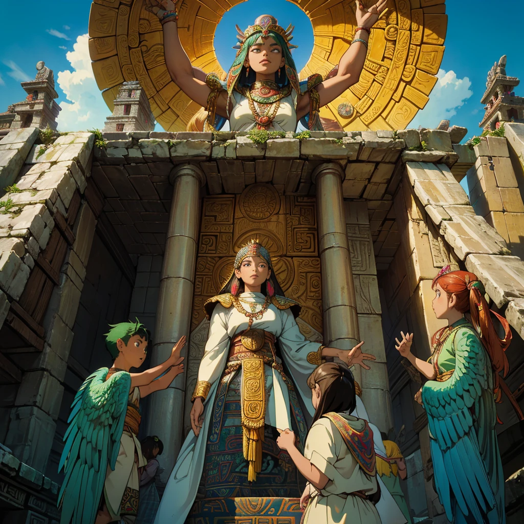 Childish,  high quality、Very detailed、８Year、Mayan Aztec young priestess、Flying Feathered Serpent（Quetzalcoatl Kukulkan）look up at the sky and pray、Chichen Itza Forest Temple of the Sun、mysterious、whole body