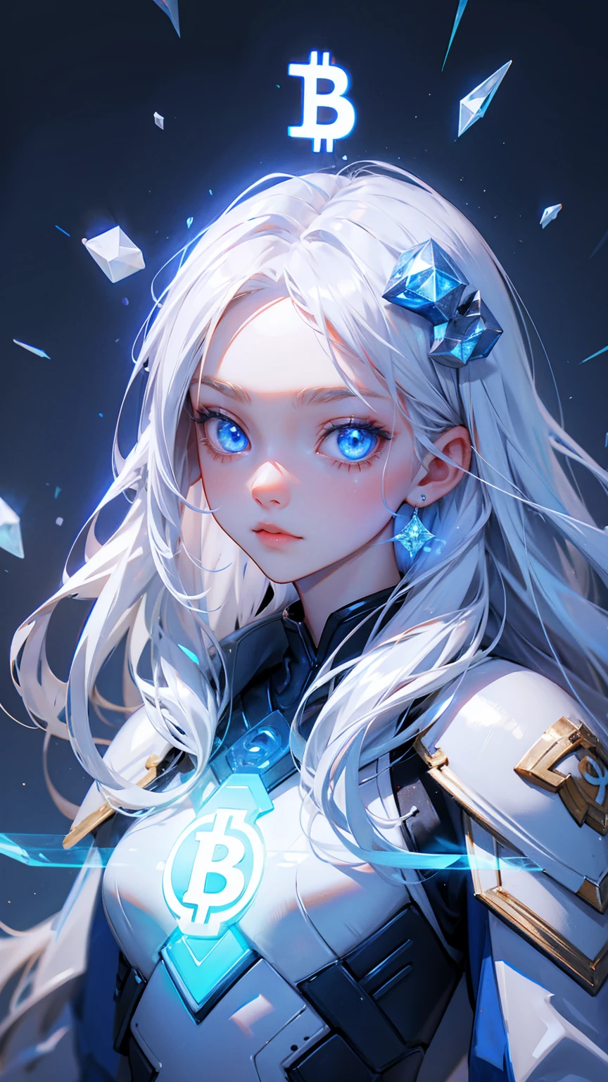 cute girl with blue eyes, forehead and on eyes bitcoin symbols, and long white hair, wearing ancient Asian armor and helmet with glowing crystals on top,  grey background