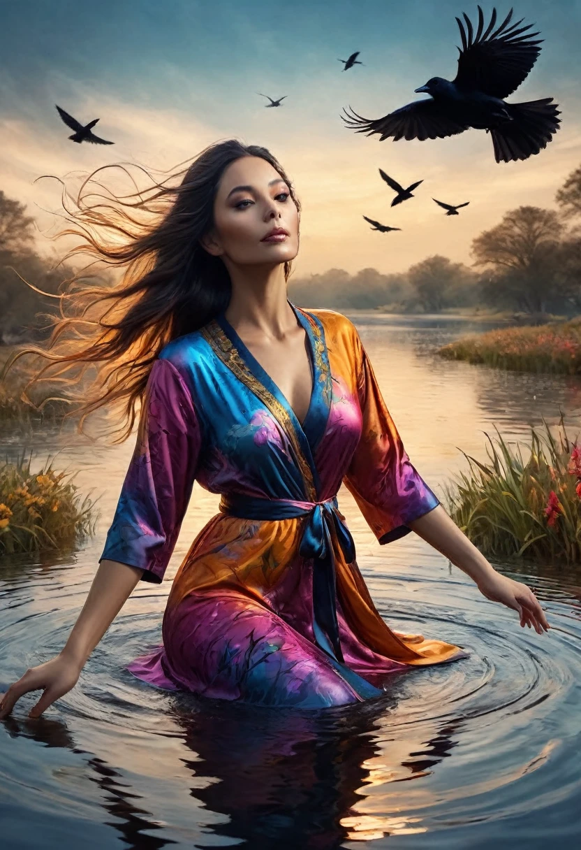 A beautiful woman in a colorful robe, bathing in a serene pond with crows surrounding her, mystical gribwind swirling in the background, (best quality, 4k, 8k, highres, masterpiece:1.2), ultra-detailed, (realistic, photorealistic, photo-realistic:1.37), vibrant colors, dramatic lighting, fantasy art, intricate details, atmospheric, mystical, moody, dark fantasy, dramatic pose, detailed facial features, long flowing hair, graceful movements, swirling wind effects, birds in flight, reflection in water, warm color palette, glowing skin, dramatic chiaroscuro, conceptual, surreal