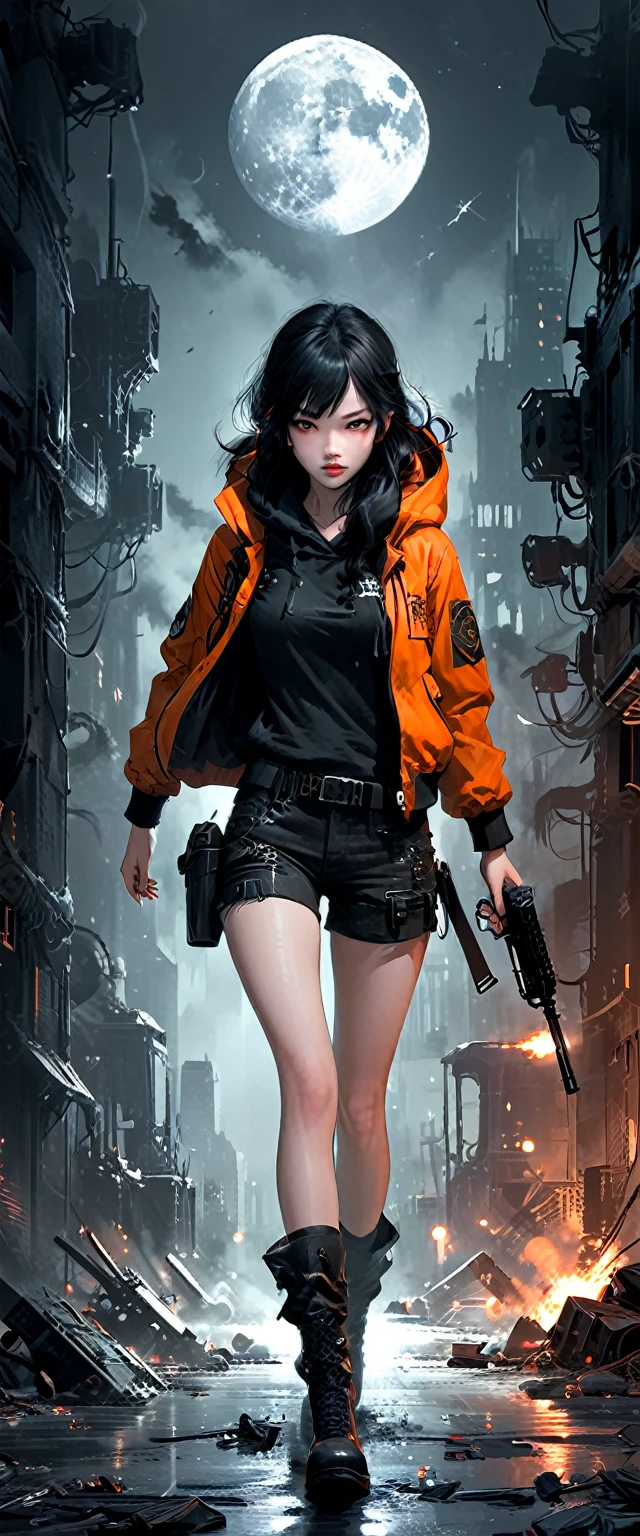 (Anime style artist：Jack Hughes:0.5),((Post-apocalyptic Wasteland, 废弃of地方, Fragments, destroy, 被摧毁of建筑物墙上of涂鸦:1.2)), ((1 黑暗美丽of女孩, 破烂of衣服，Wearing a hood，Bazooka in hand，Ready to throw it out, Dynamic poses, epic:1.2)), ((Dark background, Full Moon Night:1.2)), (masterpiece),(最好of质量:1.2), (Ultra-high resolution:1.2), 详细of, (((Dark, orange, 绿色of, of, complex:1.2) ), (( Post-apocalyptic:1.2 )), (( 最好of质量, 充满活力of, 32K, 没有文字of清晰灯光和shadow:1.2).(Dark atmosphere,shadow,contour,Simple style,黑暗of,Very strong 黑暗ofness:1.5),Glowing neon lights,(Heavy weapons in hand，Running in the 黑暗of:1.8)，