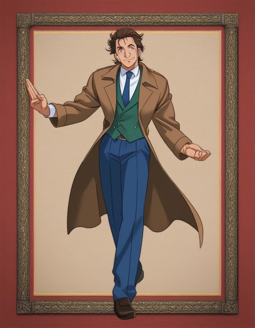 1man, veteran mature detective, muscular, boned nose, wavy slicked back spiked hair, yellow_brown hair, BREAK shihaku, brown eyes, dandy, virile, stubble, square shaped, large eyes, ugly, rough skin, facial wrinkles, ideal ratio body proportions, ordinaly, cute uncle, beautiful detailed eyes, broad waist, 40yo dude, BREAK solo, upperlegs, white collared shirt, blue necktie, trench coat, dark worn-out suit, cute smile, standing, BREAK dandy posing, in eroge style, 2000s, cinematic art, masterpiece, best quality, BREAK score_9, score_8_up, score_7_up