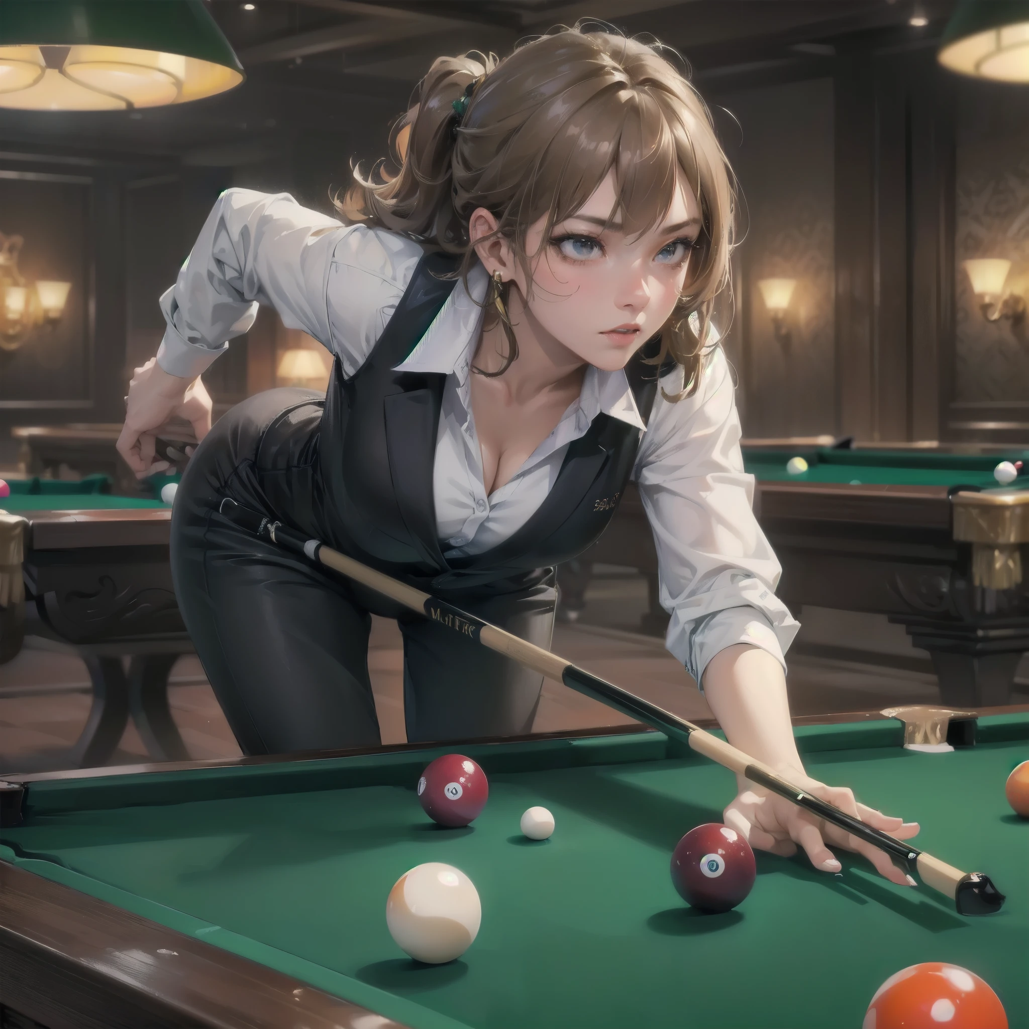 masterpiece, (textured skin), best quality, gorgeous beautiful girl, (a female billiard athlete), detailed clothes,large breasts,narrow waist,, (beautiful face), cinematic lighting, (at billiard venue ),