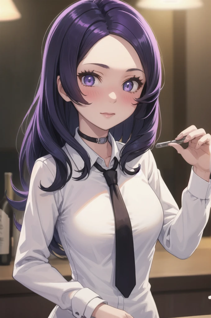 One girl, alone, bangs, blush, Place your hand on your chest, Jill Stingray, Long sleeve, View your viewers, Purple Hair, Medium chest, tie, shirt, alone, Upper Body, Best,  bartender, Best, white shirt,