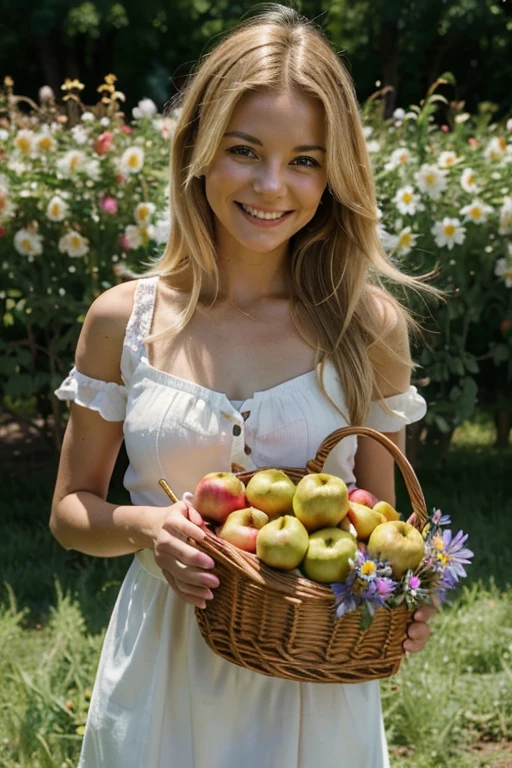 Adult woman looking straight and smiling. Hair blonde, Short. In hands are wild flowers and a small basket of apples.
