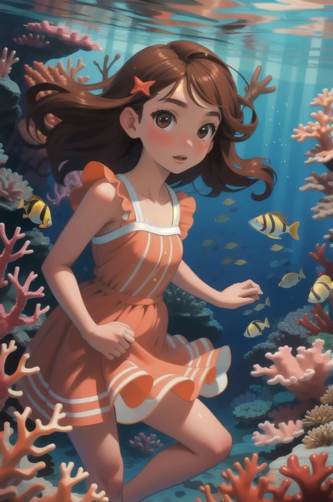 high quality, masterpiece, One girl, Brown Hair, dress, Swim to the camera, In the water, Coral Reef, fish