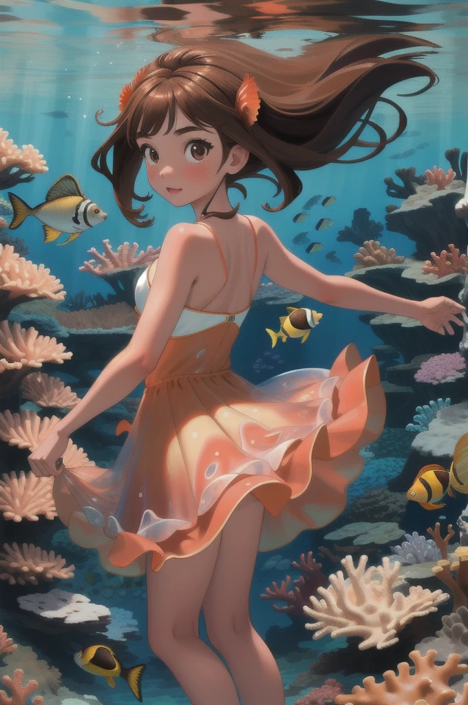 high quality, masterpiece, One girl, Brown Hair, dress, Swim to the camera, In the water, Coral Reef, fish