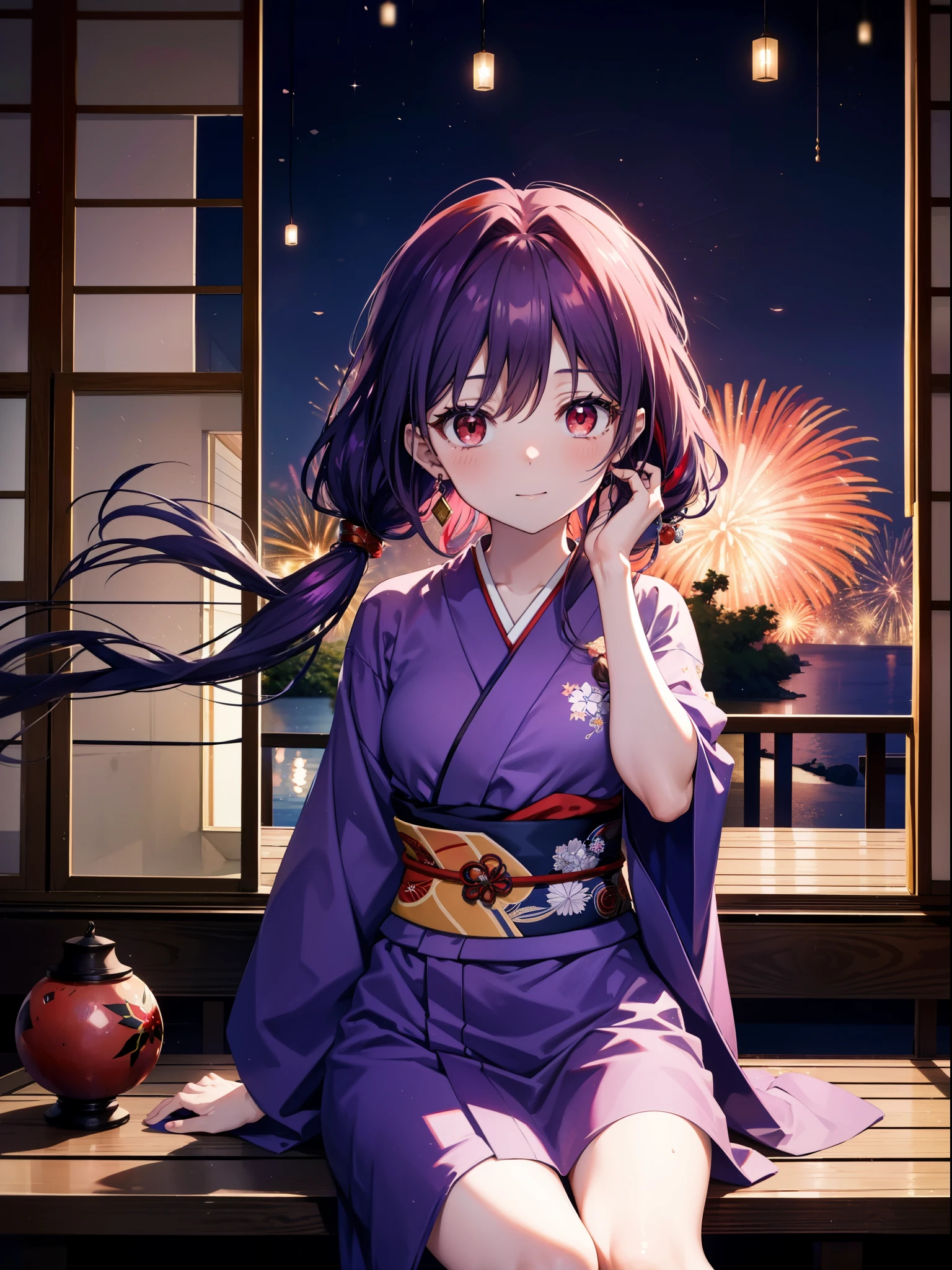 yuukikonno, Yuuki Konno, hair band, Long Hair, Pointed Ears, Purple Hair, Ahoge,(Red eyes:1.5), (Small breasts:1.2),low twin tail,smile,blush,Open your mouth,Purple Kimono,Purple long skirt,Fireworks in the night sky,Fireworks,The place is a fireworks display,Time is night,sunny day,Sitting on a bench,A triangular piece of red watermelon is placed on a plate on a bench.,Wind Chimes,whole bodyがイラストに入るよう,
break looking at viewer, , whole body, (Cowboy Shot:1. 5)
break indoors, Veranda,Japanese garden,
break (masterpiece:1.2), Highest quality, High resolution, unity 8k wallpaper, (figure:0.8), (Beautiful attention to detail:1.6), Highly detailed face, Perfect lighting, Highly detailed CG, (Perfect hands, Perfect Anatomy),