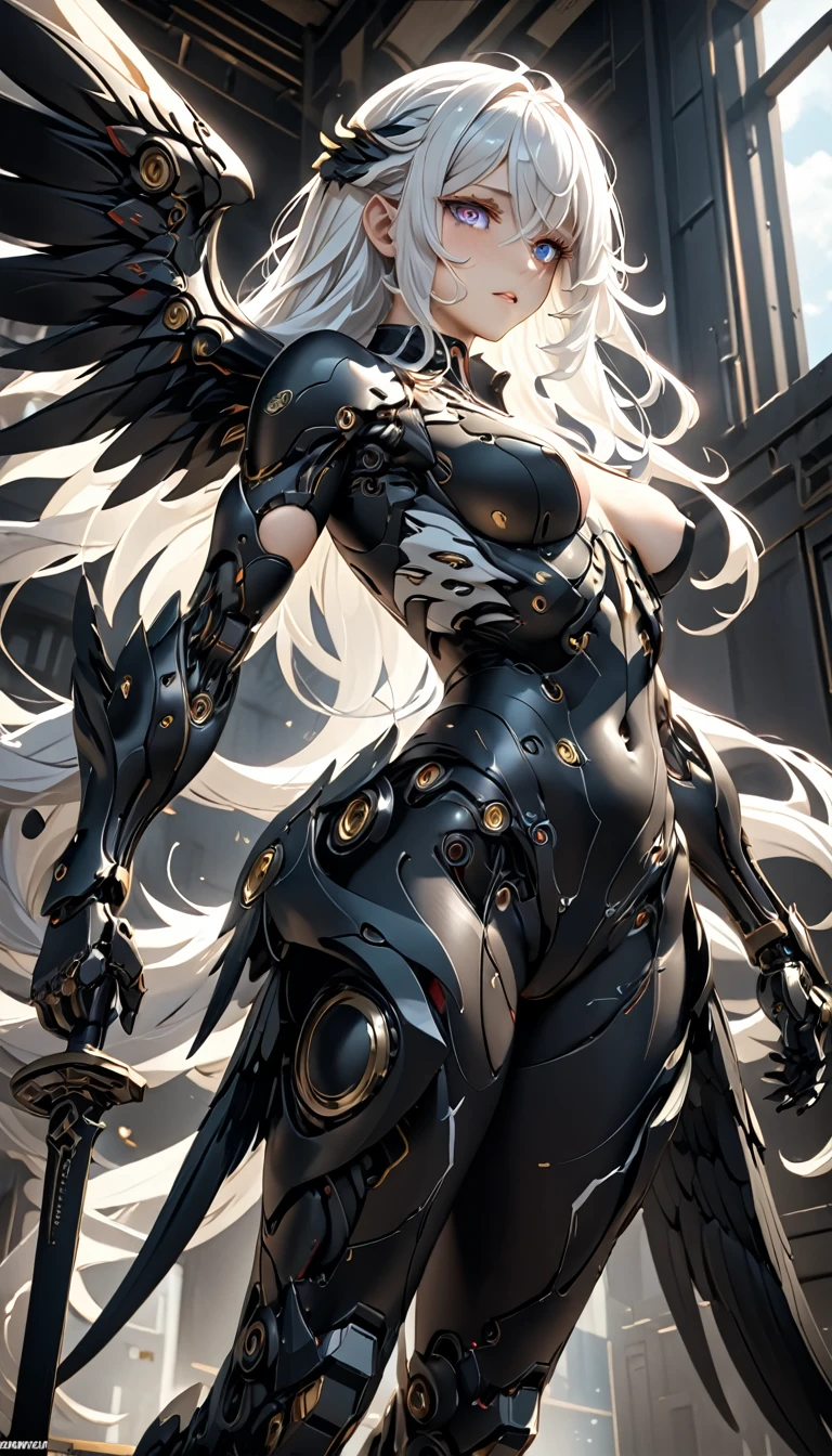 white hair, messy hair, long wavy hair, atmospheric perspective, 8k, super detail, best quality, cinematic lighting, masterpiece, Mechanical body, black steel body parts, large wings growing from its back, detailed face, detailed eyes, anime style, Her thighs are exposed and showing skin, Her upper arms are exposed and showing skin