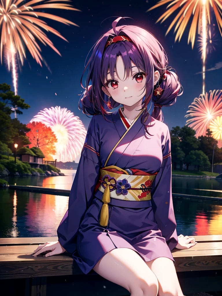 yuukikonno, Yuuki Konno, hair band, Long Hair, Pointed Ears, Purple Hair, Ahoge,(Red eyes:1.5), (Small breasts:1.2),low twin tail,smile,blush,Open your mouth,Purple Kimono,Purple long skirt,Fireworks in the night sky,Fireworks,The place is a fireworks display,Time is night,sunny day,Sitting on a bench,A triangular piece of red watermelon is placed on a plate on a bench.,Wind Chimes,whole bodyがイラストに入るよう,
break looking at viewer, , whole body, (Cowboy Shot:1. 5)
break indoors, Veranda,Japanese garden,
break (masterpiece:1.2), Highest quality, High resolution, unity 8k wallpaper, (figure:0.8), (Beautiful attention to detail:1.6), Highly detailed face, Perfect lighting, Highly detailed CG, (Perfect hands, Perfect Anatomy),