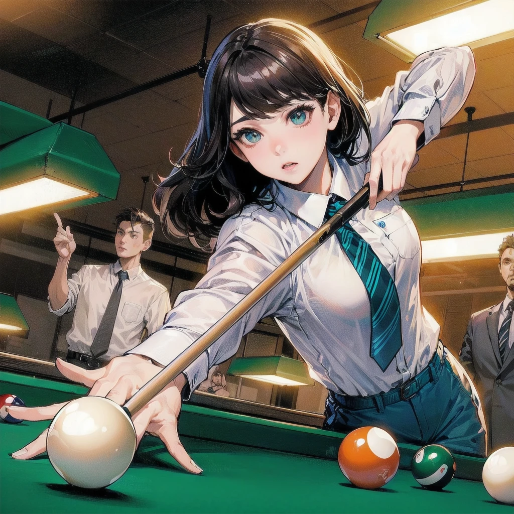 masterpiece, (textured skin), best quality, gorgeous beautiful girl, (a female billiard athlete), detailed clothes,large breasts,narrow waist,, (beautiful face), cinematic lighting, (at billiard venue ),