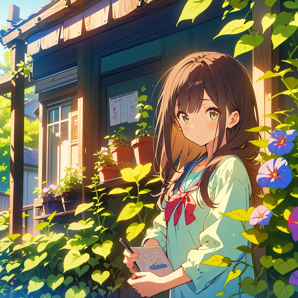 kawaii, anime, Cute, hyper quality, highly detailed, 8k, Clarity, Draw facial expressions in detail, Elementary school girl with long dark brown hair and green eyes, one piece, summer morning, morning glory, write an observation diary, hold a pen, Look into the morning glory, leaning forward, morning dew, wet morning glory, The morning sun shines, early morning, home garden, highlight on eyes, morning glory flower, potted morning glory, Morning glory growing tall, Morning glory vines entwined with the pillars, planter, flower pot, Morning glory that grows vertically, colorful morning glory,