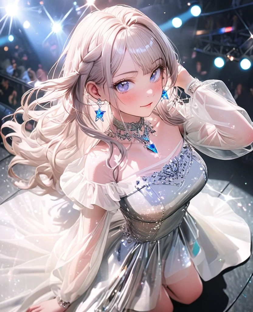 8K,gal，an extremely delicate and beautiful,Beautiful and realistic skin,Shiny jewel-like earrings,Shine like glitter long silver hair,beautiful eyes,Korean idol,full body,Clothes are transparent