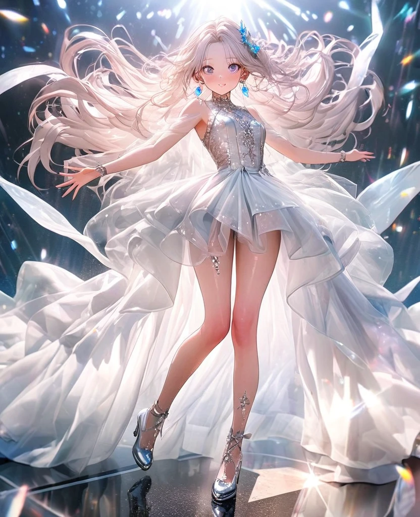 8K,gal,an extremely delicate and beautiful,Beautiful and realistic skin,Shiny jewel-like earrings,Shine like glitter long silver hair,beautiful eyes,Korean idol,full body,Clothes are transparent