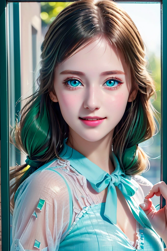 girl with blue eyes looking through broken glass window, portrait of a girl, (smile:1.2), detailed portrait of a girl, RAW photo, beautiful portrait, smooth cg art, wallpaper 8 k, clolorful hair, pony tail, (green eye:1.2), cute young girl, white shirt, ((side shot)),