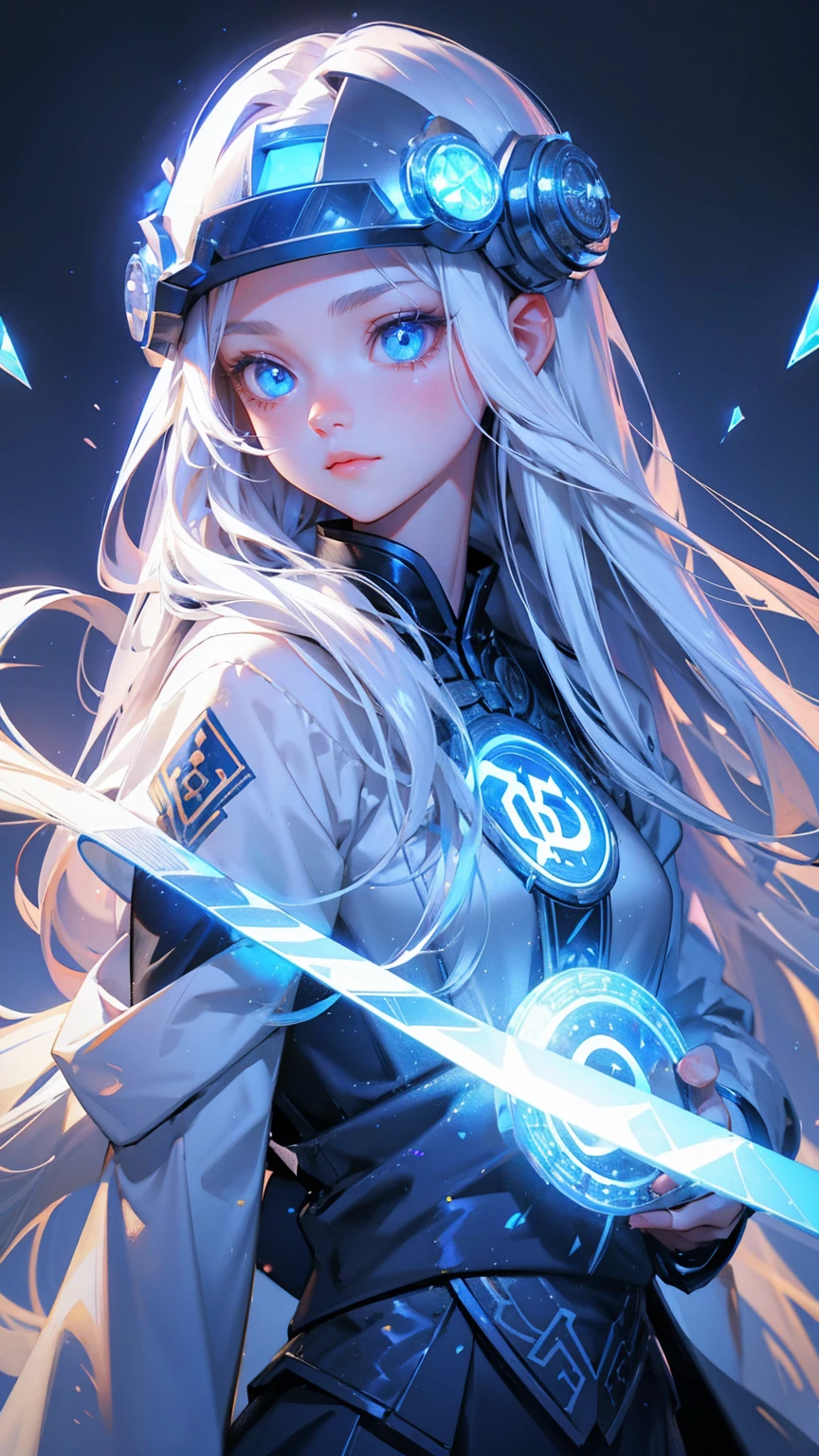 cute girl with blue eyes, forehead and on eyes bitcoin symbols, and long white hair, wearing ancient Asian armor and helmet with glowing crystals on top, grey background