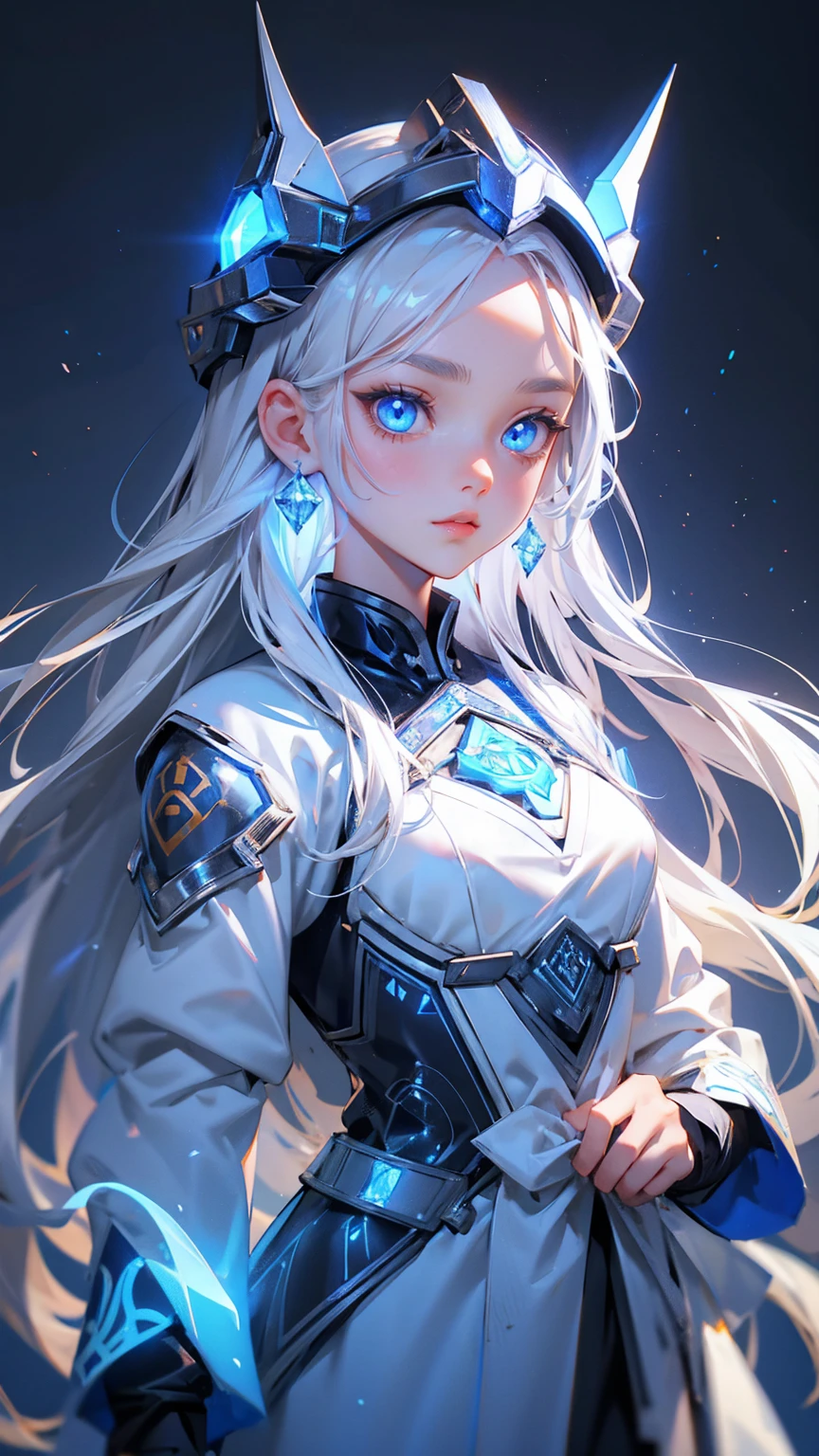 cute girl with blue eyes, forehead and on eyes bitcoin symbols, and long white hair, wearing ancient Asian armor and helmet with glowing crystals on top, grey background