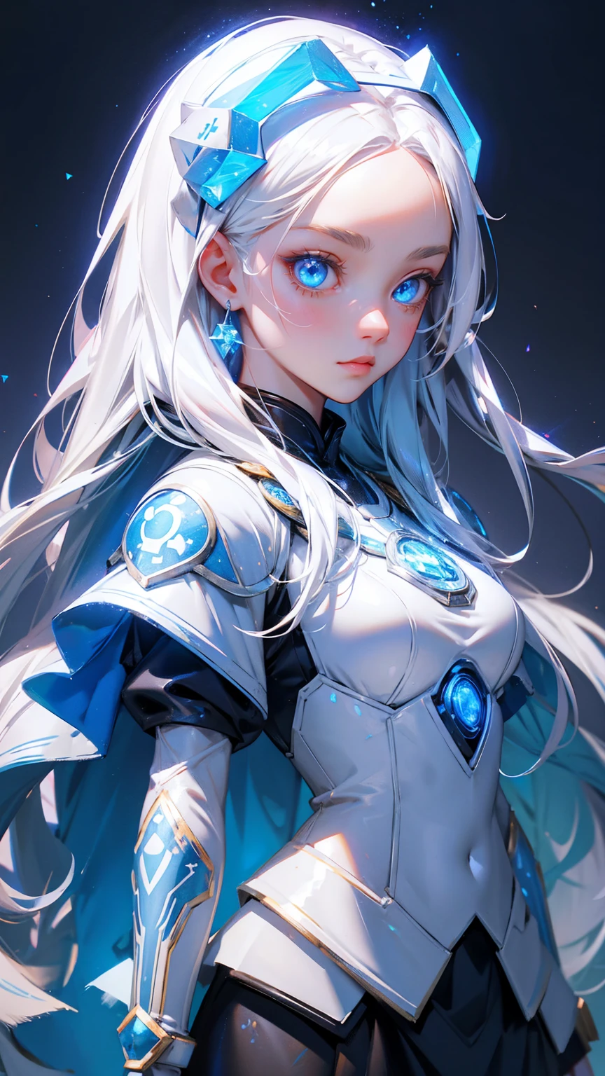 cute girl with blue eyes, forehead and on eyes bitcoin symbols, and long white hair, wearing ancient Asian armor and helmet with glowing crystals on top, grey background