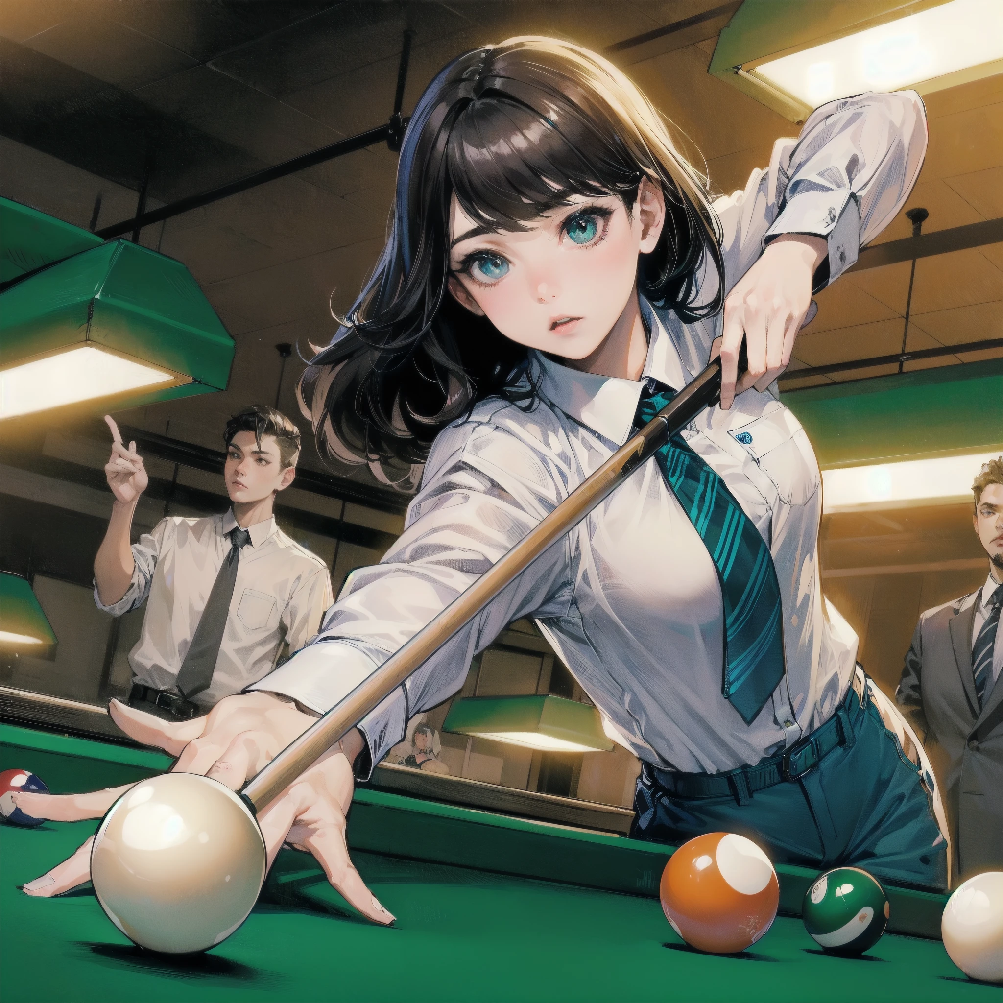  masterpiece, (textured skin), best quality, gorgeous beautiful girl, (a female billiard athlete), detailed clothes,large breasts,narrow waist,, (beautiful face), cinematic lighting, (at billiard venue ),
