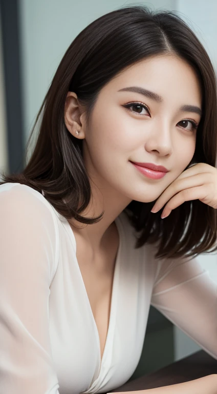 Tabletop, Highest quality, shape, Very detailed, In detail, High resolution, 8k wallpaper, Perfect dynamic composition, Beautiful details, Summer Suits,Medium Hair, Natural color lip, Random sexy poses,smile,Stylish office、20-year-old girl、Lively Faces、Realistic Skin、Realistic eyes、cute Provocative look Stylish office photoshoot Summer Fashion Sheer blouse Provocative look A balanced face with the golden ratio Upper Body Shot