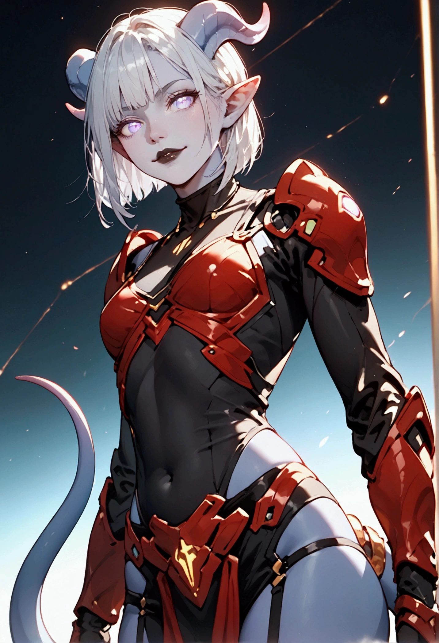 score_9, score_8_up, score_7_up, solo, dutch angle, close up, fully clothed, 1girl, curvy figure, white hair, bangs, chaotic bob cut, flat breasts, black lipstick, draenei, gray skin, horns, pointy ears, colored sclera, purple glowing eyes, colored skin, tail, tail ornament, smirk, futuristic, scifi, red armor, gloves, technology, glowing, neon, holographic display, Beautiful anime style, mature manhwa,