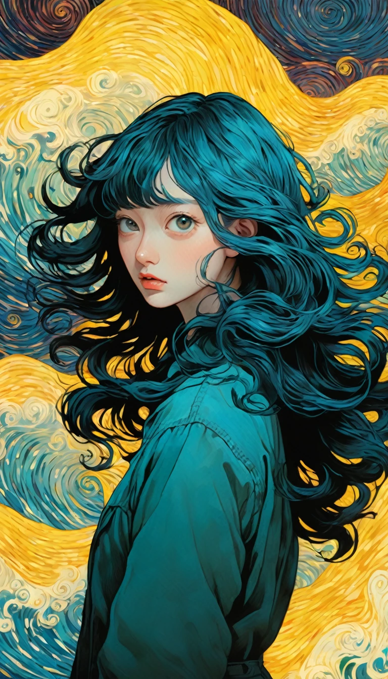 An illustration、art、Supervised by Junji Ito、fearに震える、fear、Attention to detail、Realistic Shadows、Analog Style、chromatic aberration、Surrealism、disaster々A new Van Gogh-like swirl background