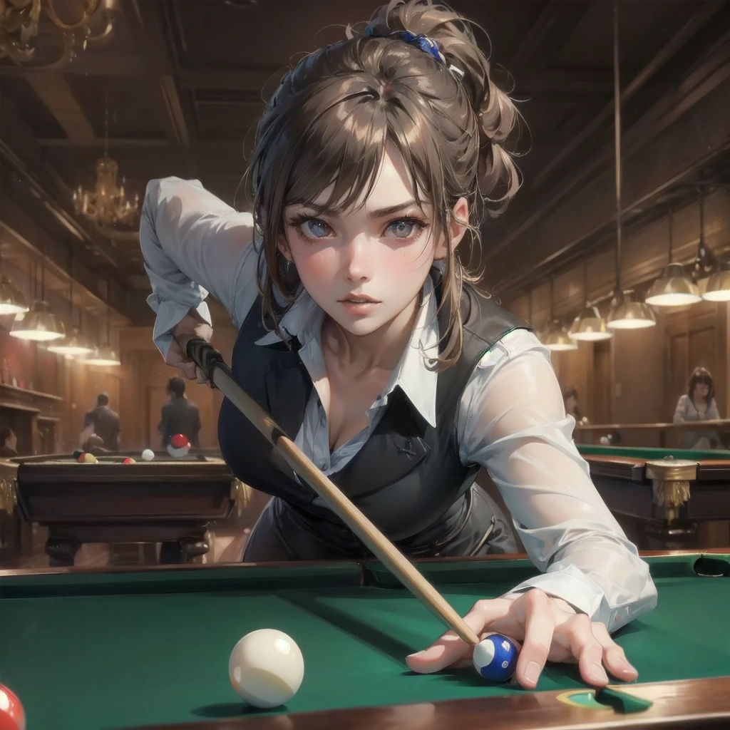 masterpiece, (textured skin), best quality, gorgeous beautiful girl, (a female billiard athlete), detailed clothes,large breasts,narrow waist,, (beautiful face), cinematic lighting, (at billiard venue ),