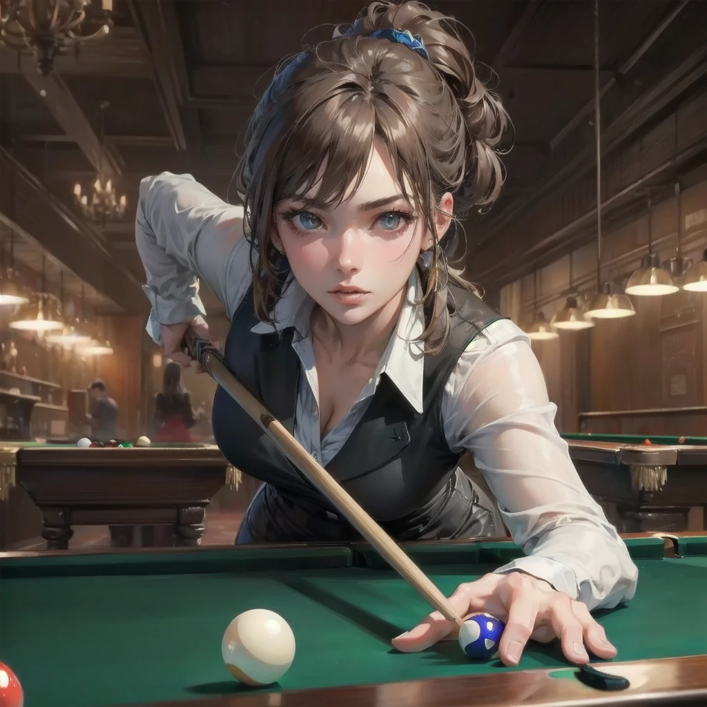  masterpiece, (textured skin), best quality, gorgeous beautiful girl, (a female billiard athlete), detailed clothes,large breasts,narrow waist,, (beautiful face), cinematic lighting, (at billiard venue ),