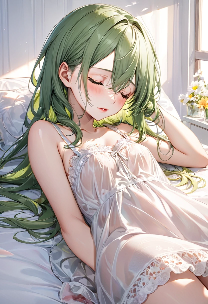 She lay on her side, her tousled green hair framing her face. She wore a simple white nightgown that hugged her slender form, leaving little to the imagination. Her thighs were covered by a lacy pair of white panties