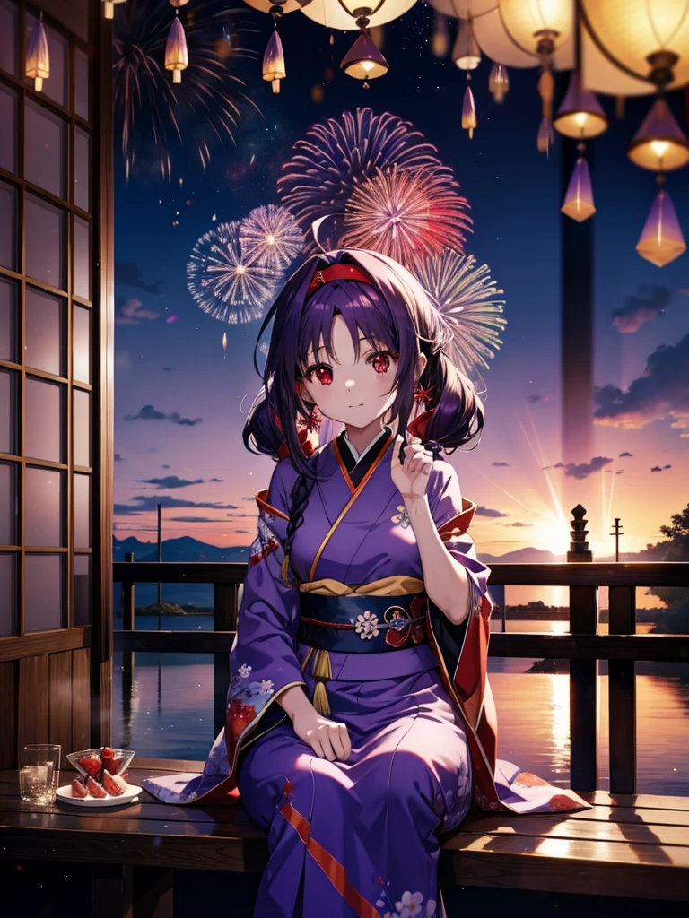 yuukikonno, Yuuki Konno, hair band, Long Hair, Pointed Ears, Purple Hair, Ahoge,(Red eyes:1.5), (Small breasts:1.2),low twin tail,smile,blush,Open your mouth,Purple Kimono,Purple long skirt,Fireworks in the night sky,Fireworks,The place is a fireworks display,Time is night,sunny day,Sitting on a bench,A triangular piece of red watermelon is placed on a plate on a bench.,Wind Chimes,whole bodyがイラストに入るよう,
break looking at viewer, , whole body, (Cowboy Shot:1. 5)
break indoors, Veranda,Japanese garden,
break (masterpiece:1.2), Highest quality, High resolution, unity 8k wallpaper, (figure:0.8), (Beautiful attention to detail:1.6), Highly detailed face, Perfect lighting, Highly detailed CG, (Perfect hands, Perfect Anatomy),