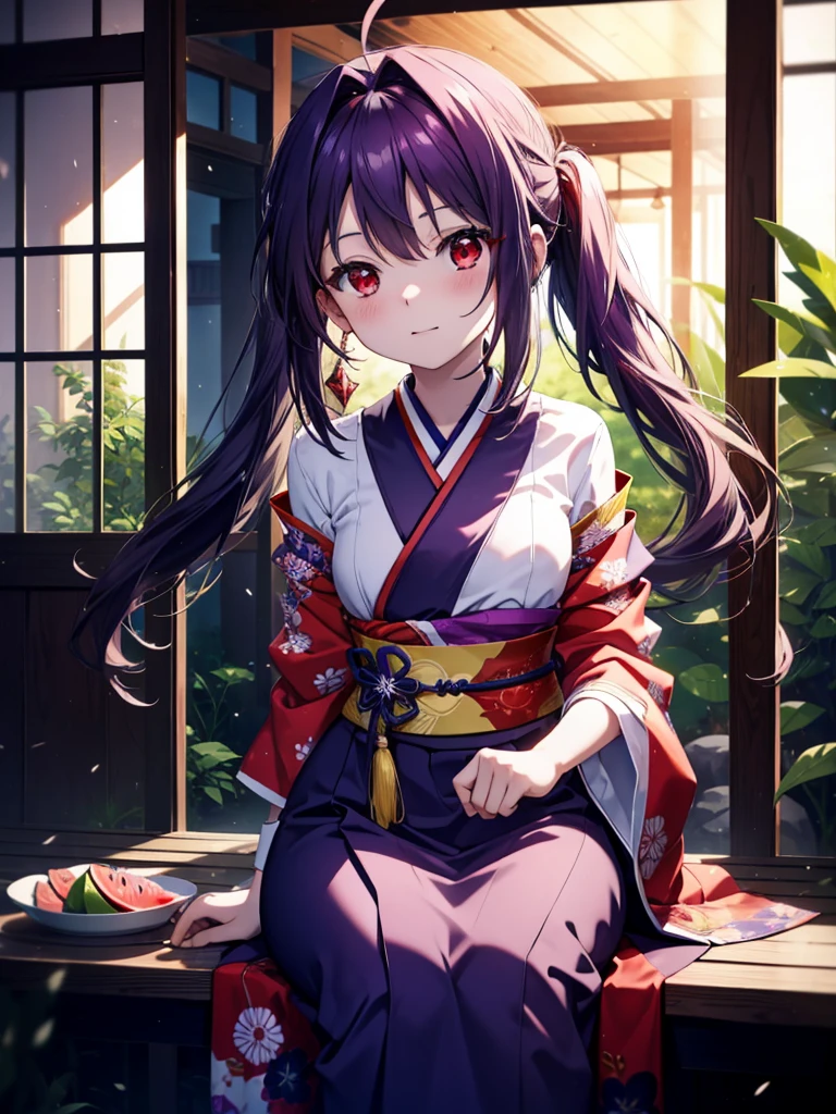 yuukikonno, Yuuki Konno, hair band, Long Hair, Pointed Ears, Purple Hair, Ahoge,(Red eyes:1.5), (Small breasts:1.2),low twin tail,smile,blush,Open your mouth,Purple Kimono,Purple long skirt,Fireworks in the night sky,Fireworks,The place is a fireworks display,Time is night,sunny day,Sitting on a bench,A triangular piece of red watermelon is placed on a plate on a bench.,Wind Chimes,whole bodyがイラストに入るよう,
break looking at viewer, , whole body, (Cowboy Shot:1. 5)
break indoors, Veranda,Japanese garden,
break (masterpiece:1.2), Highest quality, High resolution, unity 8k wallpaper, (figure:0.8), (Beautiful attention to detail:1.6), Highly detailed face, Perfect lighting, Highly detailed CG, (Perfect hands, Perfect Anatomy),