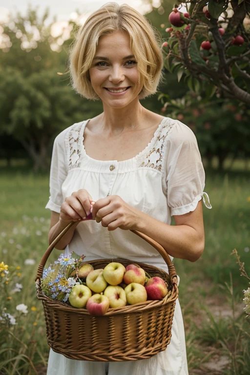 An elderly woman, 65 years old, looks straight and smiles.. Short blond hair. In hands is a small basket with apples and wildflowers.