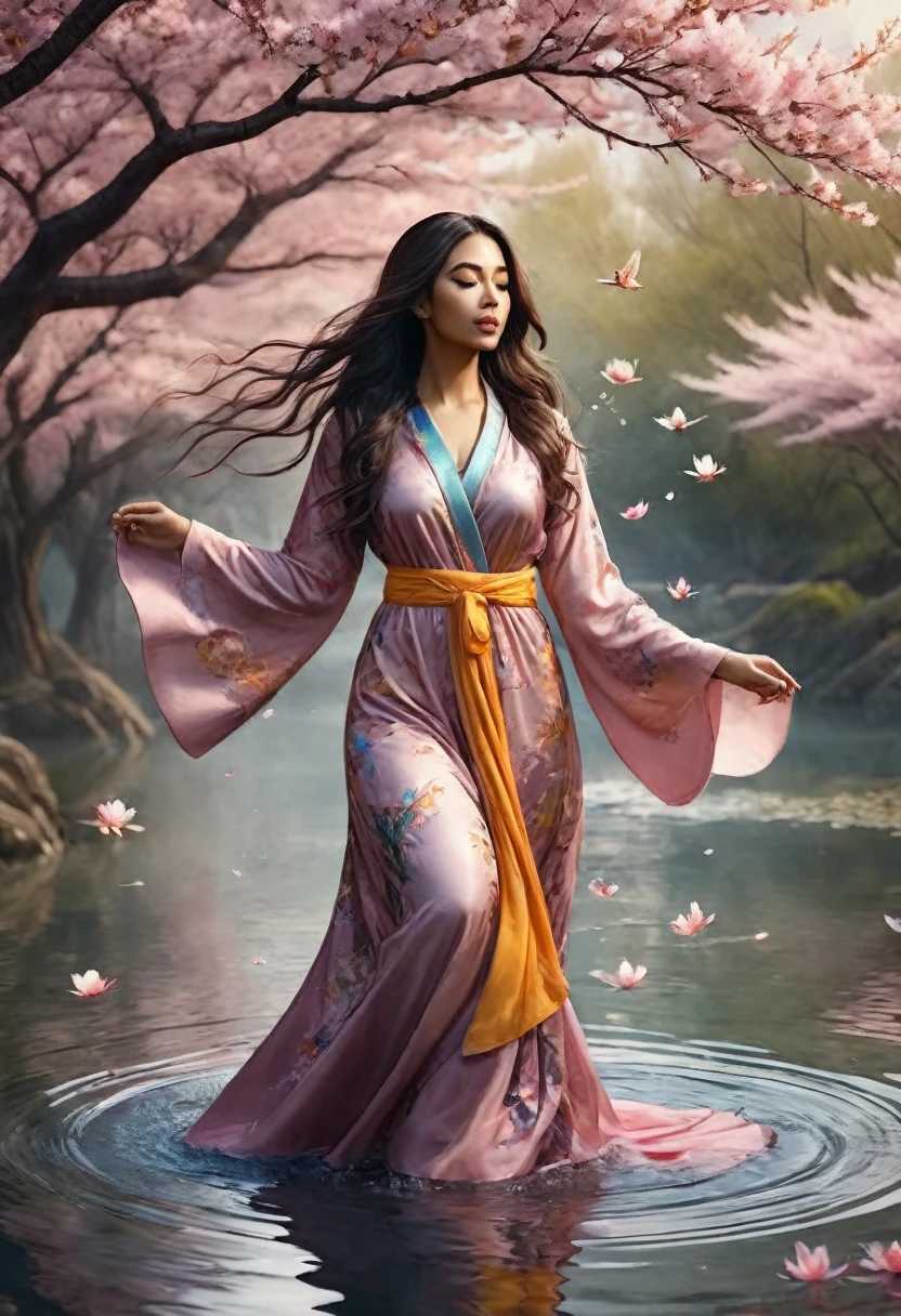 A beautiful muslimah woman in a colorful robe, bathing in a serene pond with sakura petals fallen slowly surrounding her, mystical gribwind swirling in the background, (best quality, 4k, 8k, highres, masterpiece:1.2), ultra-detailed, (realistic, photorealistic, photo-realistic:1.37), vibrant colors, dramatic lighting, fantasy art, intricate details, atmospheric, mystical, moody, dark fantasy, dramatic pose, detailed facial features, long flowing hair, graceful movements, swirling wind effects, birds in flight, reflection in water, warm color palette, glowing skin, dramatic chiaroscuro, conceptual, surreal