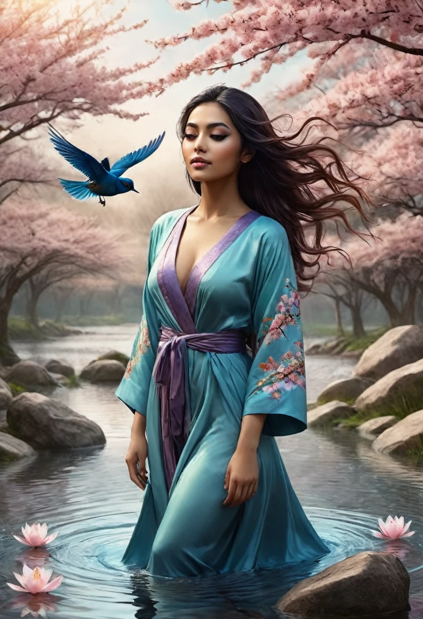 A beautiful muslimah woman in a colorful robe, bathing in a serene pond with sakura petals fallen slowly surrounding her, mystical gribwind swirling in the background, (best quality, 4k, 8k, highres, masterpiece:1.2), ultra-detailed, (realistic, photorealistic, photo-realistic:1.37), vibrant colors, dramatic lighting, fantasy art, intricate details, atmospheric, mystical, moody, dark fantasy, dramatic pose, detailed facial features, long flowing hair, graceful movements, swirling wind effects, birds in flight, reflection in water, warm color palette, glowing skin, dramatic chiaroscuro, conceptual, surreal