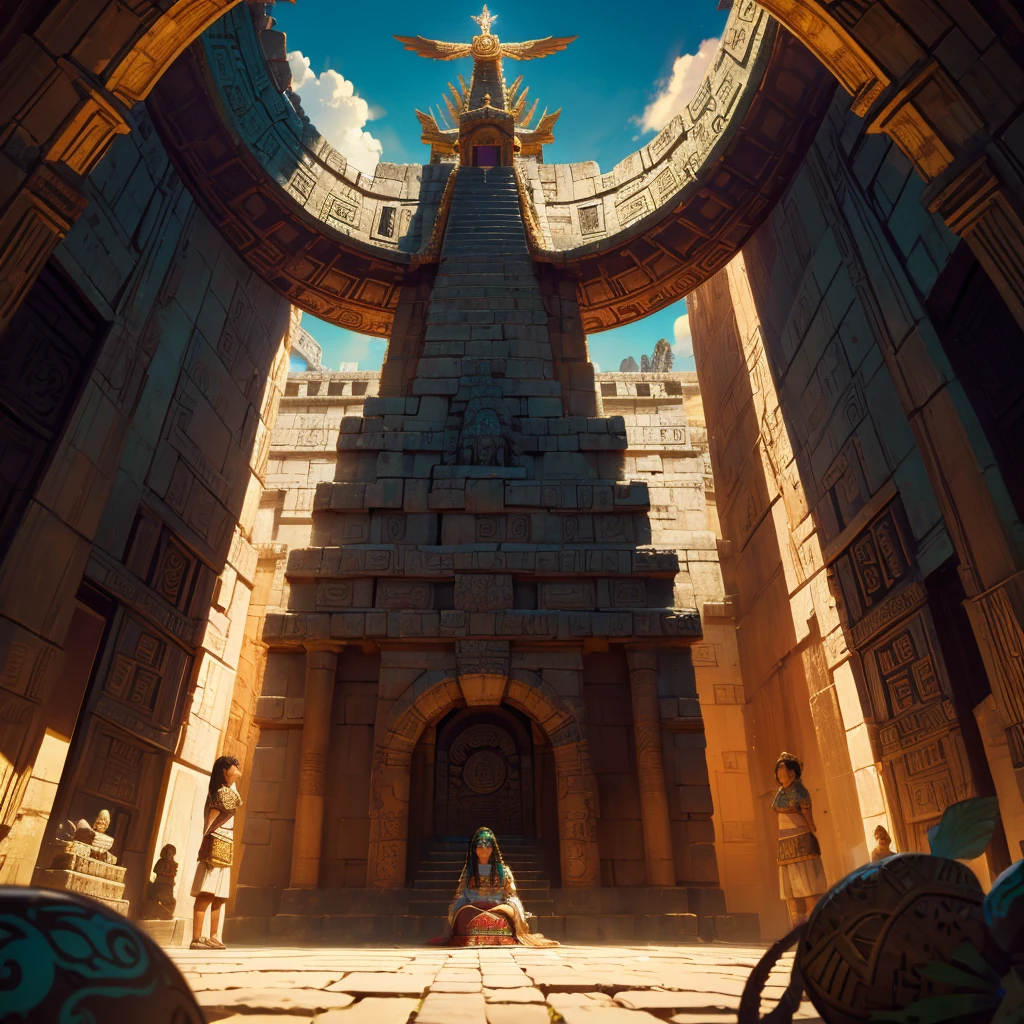 Childish,  high quality、Very detailed、８Year、Mayan Aztec young priestess、Flying Feathered Serpent（Quetzalcoatl Kukulkan）look up at the sky and pray、Chichen Itza Forest Temple of the Sun、mysterious、The whole body is visible