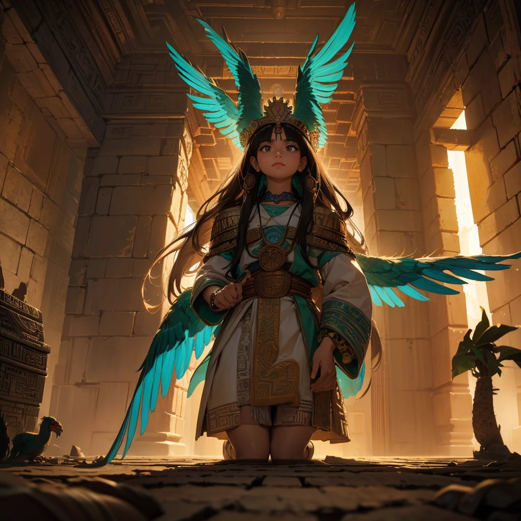Childish, high quality、Very detailed、8Year、Mayan Aztec young priestess、Flying Feathered Serpent(Quetzalcoatl Kukulkan)look up at the sky and pray、Chichen Itza Forest Temple of the Sun、mysterious、The whole body is visible