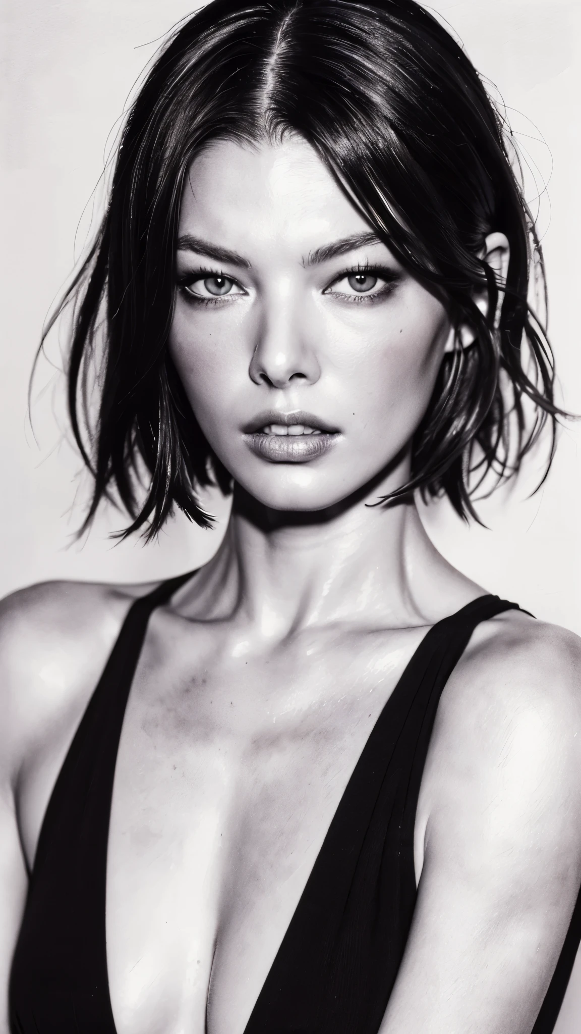 (masterpiece:1.2),(Highest quality),(Very detailed),(High resolution),((watercolor)),((Monochrome)),8k,wallpaper,Milla Jovovich,Black Dress,Perfect Eyes,(Beautiful gradation created by layering),(Tarashikomi technique)