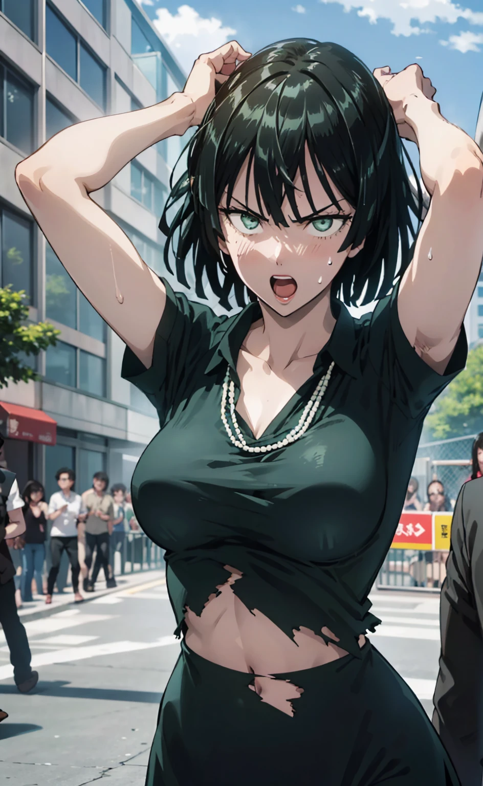 (((pixel-perfect, detail-perfect))), 独奏, 1girl, fubuki,collared dress, collarbone, necklace, looking at viewer, Open mouth、Torn clothes、Sweat、belly button、Upper body naked、blush、Embarrassing、Whiplash tracks、regrettable、it hurts、Ruined City、Dust cloud、audience、Fighting Stance、Spread your arms、Fluttering Hair、Bouncing 