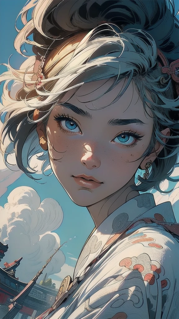 (((masterpiece, highest quality))),,(((solo:1.2))),(((1girl:1.2))),32k wallpaper, very detailed, poster, vintage science fiction,(((((portfolio))))),(((((Close-up))))),(((((bust up))))),((((more various angle)))),((((highlight)))),((((heterochromia)))),(((complete. detailed face))),(((detailed unlimited complete equipment : rail gun))),(((((Absolutely Realistic Clouds background))))),(((Texture for people : halftone))),((Open your mouth wide)),(((((Wind God and Thunder God))))),(((Ukiyo-e)))