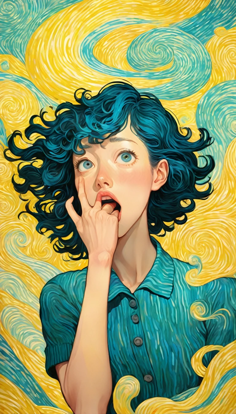 An illustration、art、Supervised by Junji Ito、fearに震える、fear、I put my hand over my mouth and desperately tried to muffle my voice.、Attention to detail、Realistic Shadows、Analog Style、chromatic aberration、Surrealism、disaster々A new Van Gogh-like swirl background