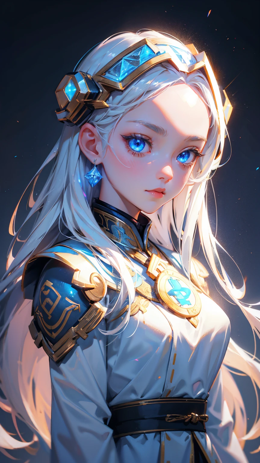 cute girl with blue eyes, bitcoin symbols in eyes, forehead bitcoin symbols, and long white hair, wearing ancient Asian armor and helmet with glowing crystals on top, grey background