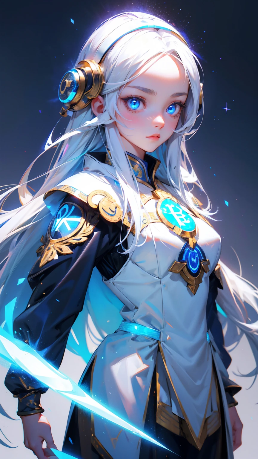 cute girl with blue eyes, bitcoin symbols in eyes, forehead bitcoin symbols, and long white hair, wearing ancient Asian armor and helmet with glowing crystals on top, grey background