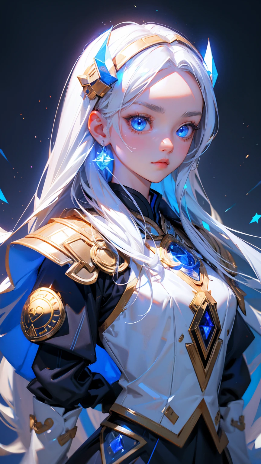 cute girl with blue eyes, bitcoin symbols in eyes, forehead bitcoin symbols, and long white hair, wearing ancient Asian armor and helmet with glowing crystals on top, grey background