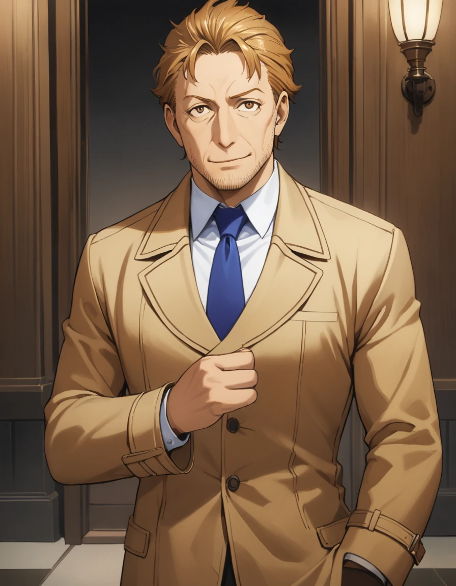 1man, veteran mature detective, muscular, boned nose, wavy slicked back spiked hair, yellow_brown hair, BREAK shihaku, brown eyes, dandy, virile, stubble, square shaped, large eyes, ugly, rough skin, facial wrinkles, ideal ratio body proportions, ordinaly, cute uncle, beautiful detailed eyes, broad waist, 40yo dude, BREAK solo, upperlegs, white collared shirt, blue necktie, trench coat, dark worn-out suit, cute smile, standing, BREAK dandy posing, in eroge style, 2000s, cinematic concept art, masterpiece, best quality, BREAK score_9, score_8_up, score_7_up, source_anime, score_6_up, score_5_up, score_4_up 