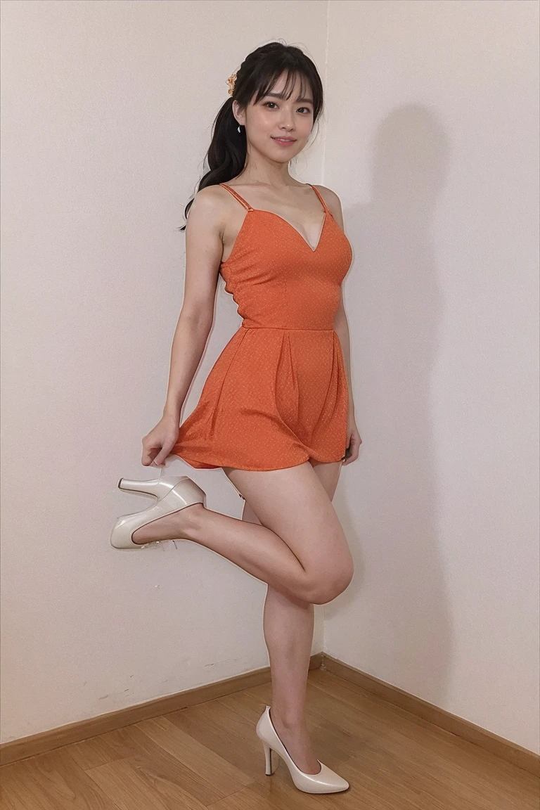 Medium Size Display, Medium Shot, Written boundary depth, Photograph the whole body:1.5, Are standing、Movie angle, masterpiece, Highest quality, Very detailed, CG, 8k wallpaper, Beautiful Face, Delicate eyes, Otome, alone, smile, Orange Dress, bouquet、High heels、Action pose、Taekwondo stance