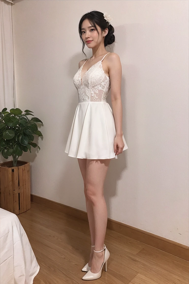 Medium Size Display, Medium Shot, Written boundary depth, Photograph the whole body:1.5, Are standing、Movie angle, masterpiece, Highest quality, Very detailed, CG, 8k wallpaper, Beautiful Face, Delicate eyes, Otome, alone, smile, Orange Dress, bouquet、High heels、Action pose、Taekwondo stance