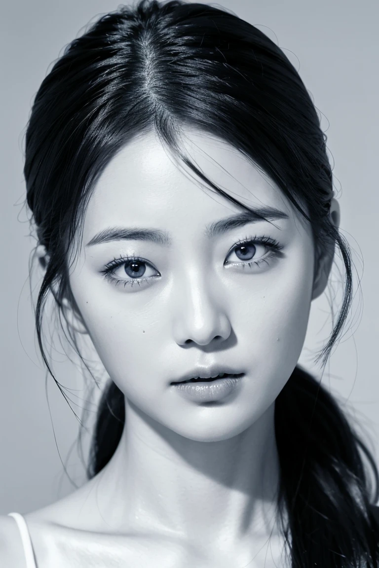 
grey scale image of a beautiful japanese woman, eyes are bright blue with strong whites, remaining image is fully greyscale