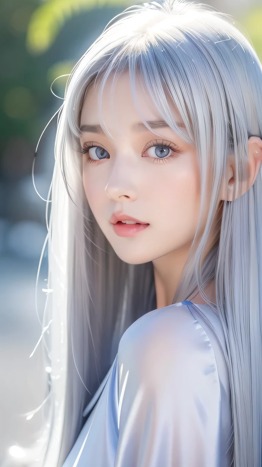 The Shining, clear, White skin、Her windblown silver hair hides her beautiful face..、Huge、28 years old、Cute sexy little beautiful face、Beautiful straight hair that stands out、growing up, light blue eyes shimmering、Long, silky bangs that cover cute eyes, Sexy and cute young woman with super long hair hiding her sexy face、Super Long Silver Hair