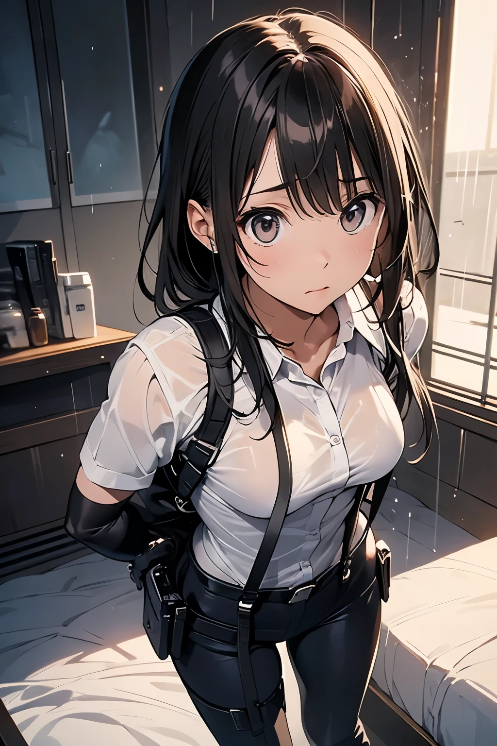 1 female, , high quality, masterpiece, Ultra-high resolution, , Cinema Lighting, , , And the suspenders with the cranes flying Large Breasts Small face holster Lying in bed Looking up Sweat belt summer 脇Sweat Black Hole Gloves suit shirt Black jacket Black trousers Leg Links ズボンにbelt holster Hands behind your back Anxious expression Looking up Anxious face, legs apart Armament Cable ties レッグholster holster See-through clothing heavy rain Getting wet in the rain