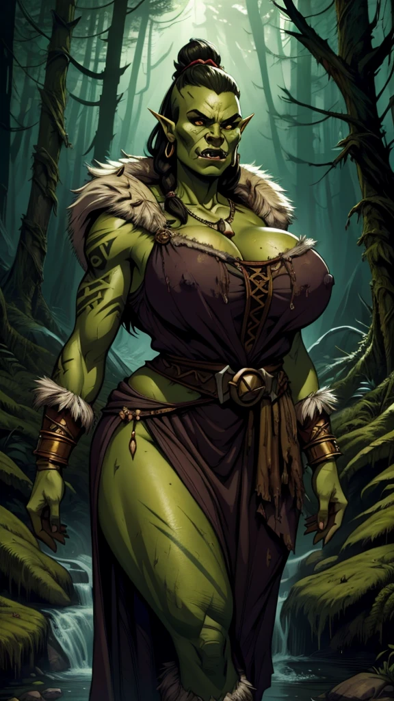 Young orc woman, female orc, chubby, fearsome, walking in the forest, overweight, dirty hair, ((green skin)), skin imperfections, skin dentation, detailed eyes, big saggy breasts, wide hips, round belly, sharp Focus, ultra high quality, crazy details, intricate pose, ((wearing dirty linen dress)), tribal tattoos, dirty clothes and skin, deep cleavage, 8k uhd wallpaper, masterpiece, photography, comic artwork, 2D, hyperrealistic, interesting shooting angle, orczor, shewoworc, naz_grandmight, view from side, detailed eyes 