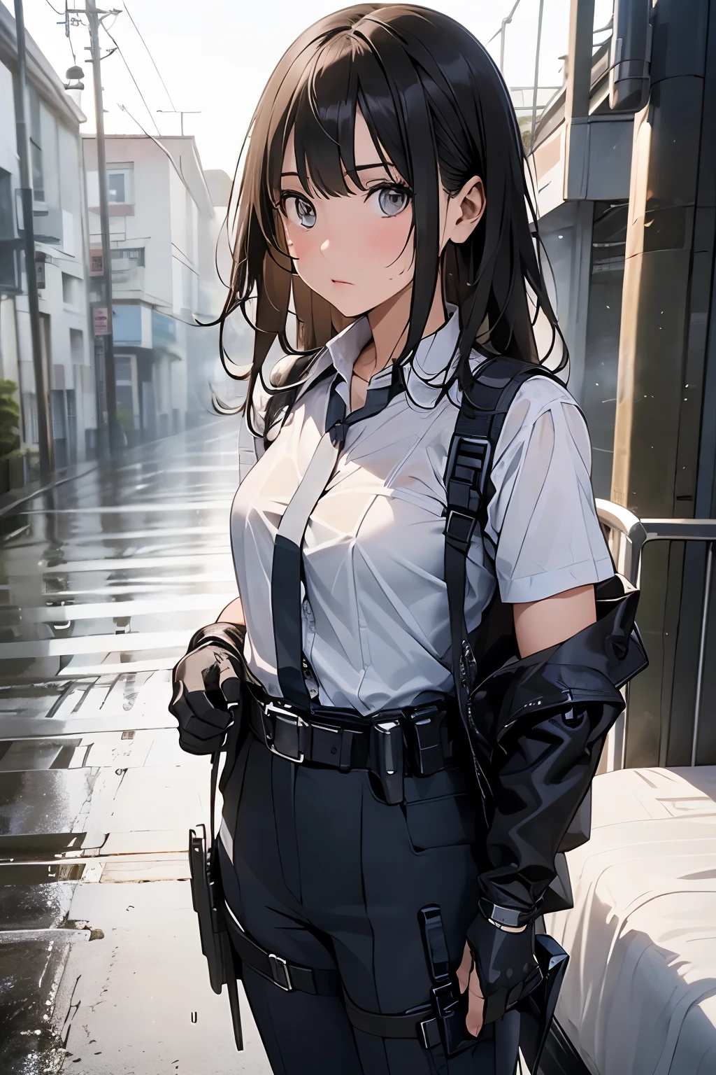 1 female, , high quality, masterpiece, Ultra-high resolution, , Cinema Lighting, , , And the suspenders with the cranes flying Large Breasts Small face holster Lying in bed Looking up Sweat belt summer 脇Sweat Black Hole Gloves suit shirt Black jacket Black trousers Leg Links ズボンにbelt holster Hands behind your back Anxious expression Looking up Anxious face, legs apart Armament Cable ties レッグholster holster See-through clothing heavy rain Getting wet in the rain